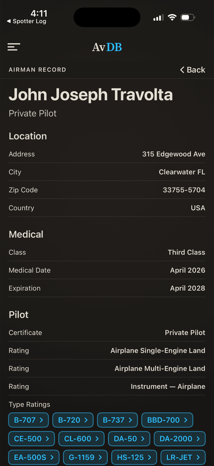 AvDB FAA airman record for a private pilot showing medical class, ratings, and aircraft type rating chips